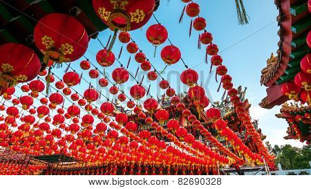 The Thean Hou Temple with up hundreds of lanterns hung across the courtyard in preparation for the coming Chinese New Year.