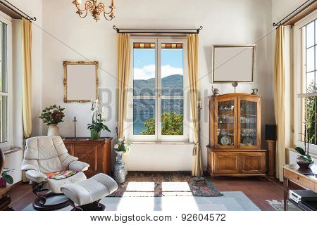 interior of old house, classic furniture, living room with window