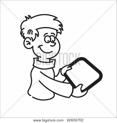 boy holding a tablet and smiling