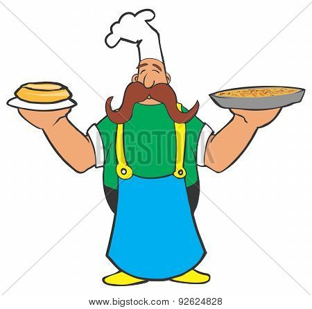 Cartoon cook with pizza and pie in his hands
