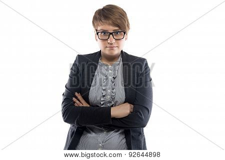 Portrait of pudgy business woman with short hair