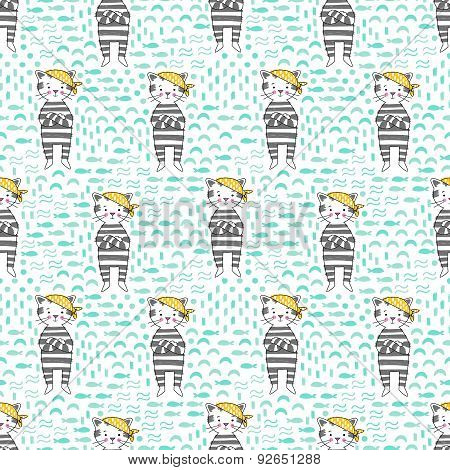 Kitten Pirate Vector Seamless Pattern