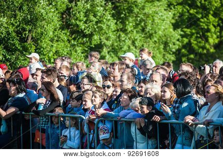 Crowd of people watching Historical reenactment of Boudica's re