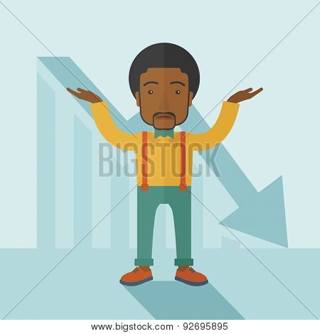 A sad black guy raising his two arms surrendering causing of his failed business. Graph arrow down, shares fall. Unsuccessful business concept. A contemporary style with pastel palette soft blue