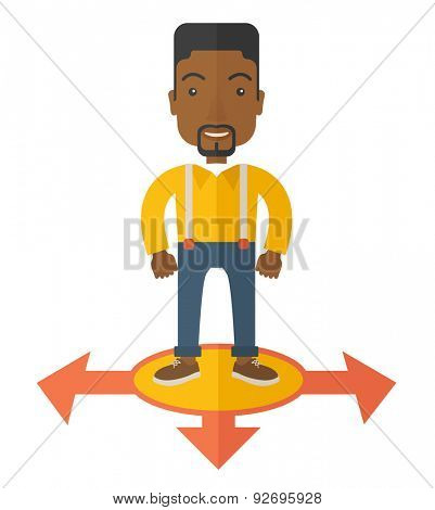 A black guy businessman standing on three ways arrows for selection. Business concept. A Contemporary style. Vector flat design illustration isolated white background. Square layout