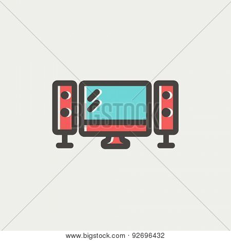 Flat screen television icon thin line for web and mobile, modern minimalistic flat design. Vector icon with dark grey outline and offset colour on light grey background.