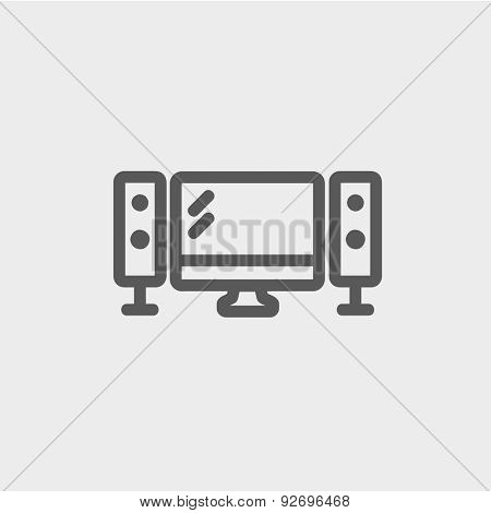 Flat screen television with speakers icon thin line for web and mobile, modern minimalistic flat design. Vector dark grey icon on light grey background.