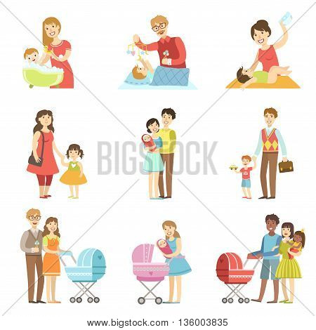 Happy Families With Kids And Babies Flat Childish Cartoon Style Bright Color Vector Illustration On White Background