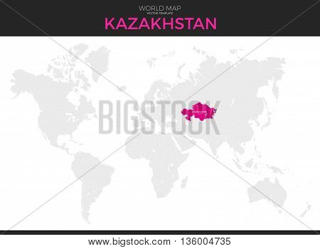Kazakhstan location modern detailed vector map. All world countries without names. Vector template of beautiful flat grayscale map design with selected country and border location