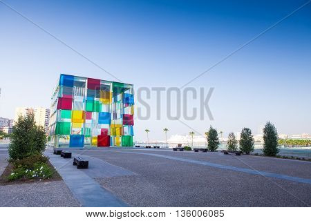 Malaga, Spain - June 10, 2016: Pompidou art museum dome, at the promenade of the city of Malaga, Spain.