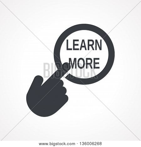 Vector hand with touching a button icon with word Learn more on white backgroud