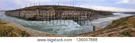 Panorama of rapid in a rocky canyon. The Fish river canyon on the Putorana plateau.