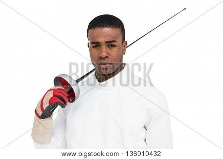 Portrait of swordsman holding sword on white background