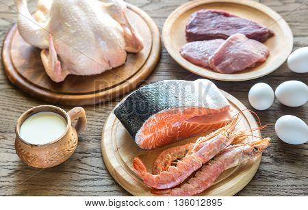 Protein Diet: Raw Products On The Wooden Background