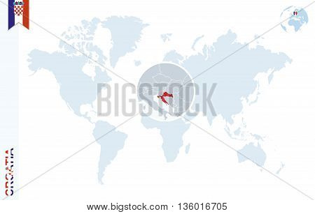 Blue World Map With Magnifying On Croatia.