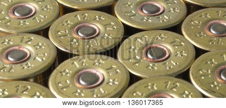 group hunting cartridges for shotgun closeup background.