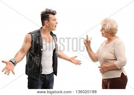 Angry punk rocker arguing with his grandmother isolated on white background