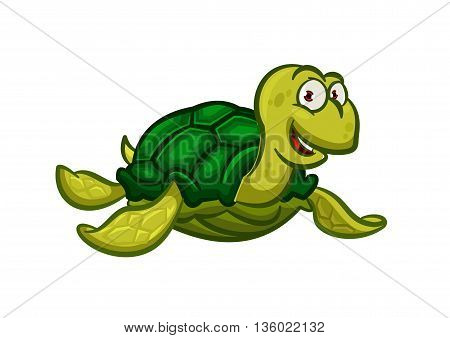 Happy cartoon swimming pacific turtle with dark green carapace with scaly pattern and olive colored skin. Cheerful smiling marine reptile character for nature mascot or t-shirt print design