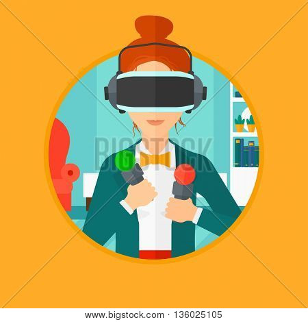 Young woman wearing a virtual relaity headset and holding motion controllers in hands. Woman playing video games in apartment. Vector flat design illustration in the circle isolated on background.