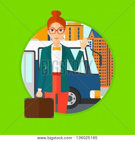 Woman with suitcase standing at the entrance door of a bus on a city background. Young woman waving in front of a bus. Vector flat design illustration in the circle isolated on background.