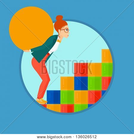 Tired woman rising up on the colored cubes and carrying a big stone on her back. Young woman with huge concrete ball going up. Vector flat design illustration in the circle isolated on background.