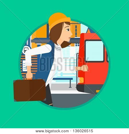 Latecomer woman running along the sidewalk to reach a bus. Woman came too late at bus stop. Woman with briefcase chasing a bus. Vector flat design illustration in the circle isolated on background.