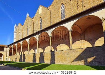 internal courtyard of basilica Santa Croce (Basilica of the Holy Cross) in Florence, Tuscany, Italy