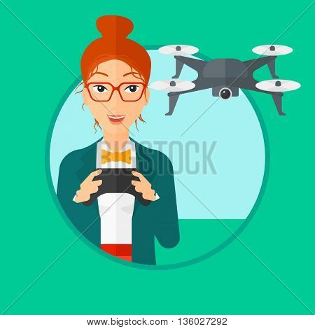 Young woman flying drone with remote control. Happy woman operating a drone with remote control. Woman controling a drone. Vector flat design illustration in the circle isolated on background.