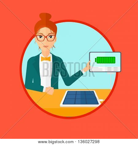 Young woman charging tablet computer with solar panel. Charging tablet from portable solar panel. Tablet with a battery charging. Vector flat design illustration in the circle isolated on background.