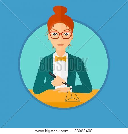 Young woman making a model with a 3D pen. Woman drawing geometric shape by 3d pen. Engineer working with a 3 dimensional pen. Vector flat design illustration in the circle isolated on background.