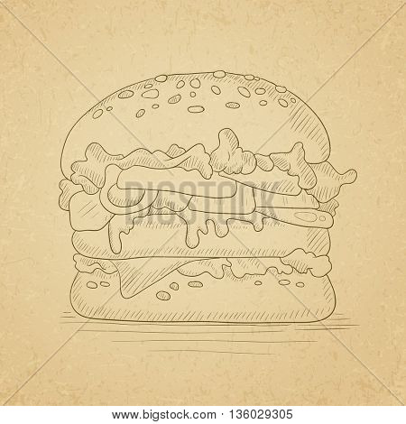 Hamburger with meat, cheese and lettuce. Hamburger hand drawn on old paper vintage background. Hamburger vector sketch illustration. 