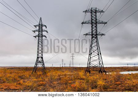 Supports High-voltage Line. The Tundra In The Arctic Circle