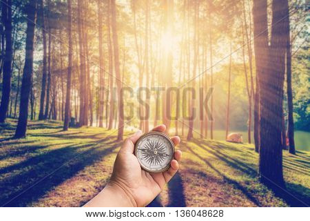 Hand Man Holding Compass At Larch Forest With Sunlight And Shadows At Sunrise With Vintage Scene.