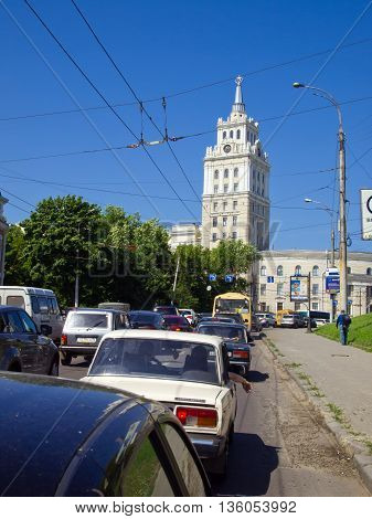 Voronezh, Russia - June 06, 2013, Busy traffic at the crossroads of the Revolution Avenue