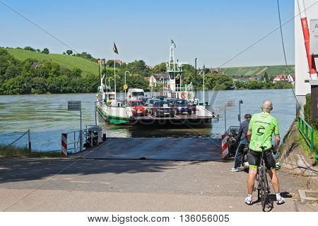 NIERSTEIN,GERMANY-JUNE 24.06.2016: car ferry on the Rhine river in Nierstein, Germany