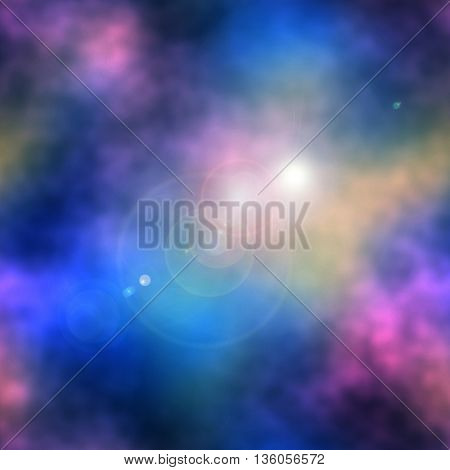 Abstract pink, blue and yellow background resembling clouds with sunglight. Pink, blue and purple blurred background with bokeh effect