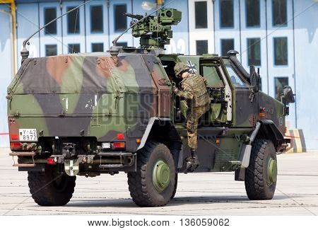 BURG / GERMANY - JUNE 25 2016: german armored military infantry mobility vehicle ATF Dingo drives on open day in barrack burg / germany at june 25 2016