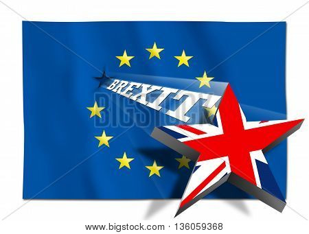 Brexit - Star with United Kingdom flag flying over the flag of the European Union. Illustration