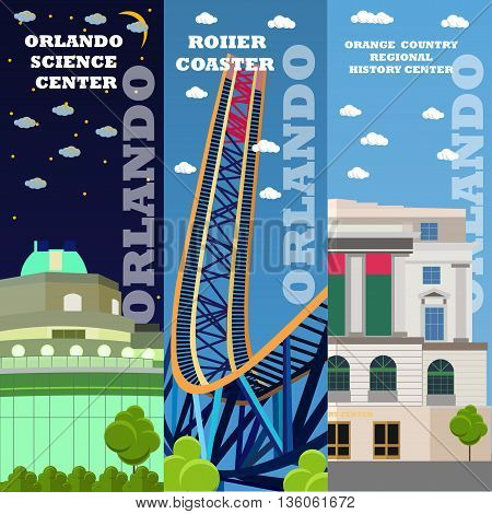 Orlando tourist landmark banners set. Vector illustration with American famous buildings. Roller coaster, history center. Travel to Florida concept.