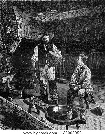 A tour of France with a little boy from Paris, with the artisan cheese maker. From Travel Diaries, vintage engraving, 1884-85.