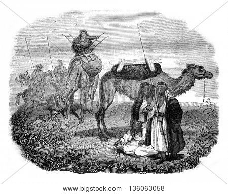 Arab Bedouins, after an engraving of the trip Mr. Leon Delaborde, vintage engraved illustration. Magasin Pittoresque 1836.