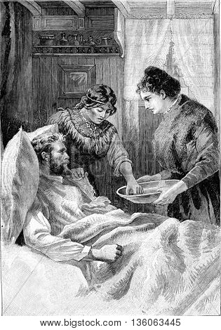 The sisters of charity were always dedicated in their caring of the sick. From Jules Verne Cesar Cascabel, vintage engraving, 1890.