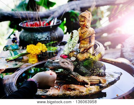 Trip to Thailand Temple spiritual offering. Tradition and culture of thailand Thai people by offering