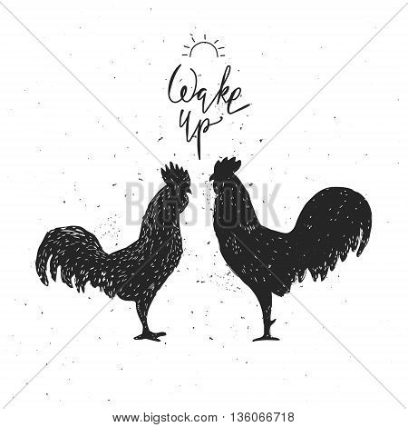 Wake up. Hipster vintage design with roosters. Hand drawn black roosters on white background. Roosters black silhouette.