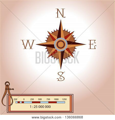 Wind rose illustration. Isolated vector. Element of an antient or old style map decoration. Wind rose is a tool to guide travellers and read maps. Shows North South East West measurment
