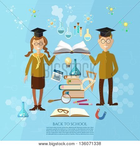 Education schoolboy and schoolgirl goes to school effective education power of knowledge stack of textbooks vector illustration