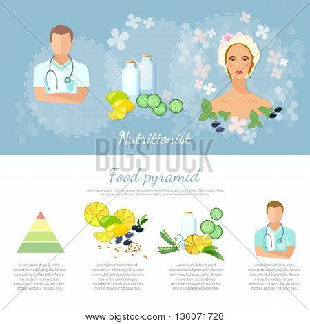 Dietetics infographics elements nutritionist healthy lifestyle proper nutrition female cosmetics vector illustration