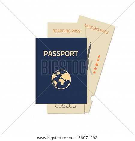 Passport with flight tickets vector illustration isolated on white background, flat blue closed passport with two tickets, concept of flight travel journey ready