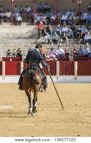 Ubeda SPAIN - September 29 2011: Alvaro Montes bullfighter on horseback spanish witch garrocha (blunt lance used on ranches) Ubeda Jaen province Andalusia Spain