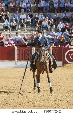 Ubeda SPAIN - September 29 2011: Alvaro Montes bullfighter on horseback spanish witch garrocha (blunt lance used on ranches) Ubeda Jaen province Andalusia Spain